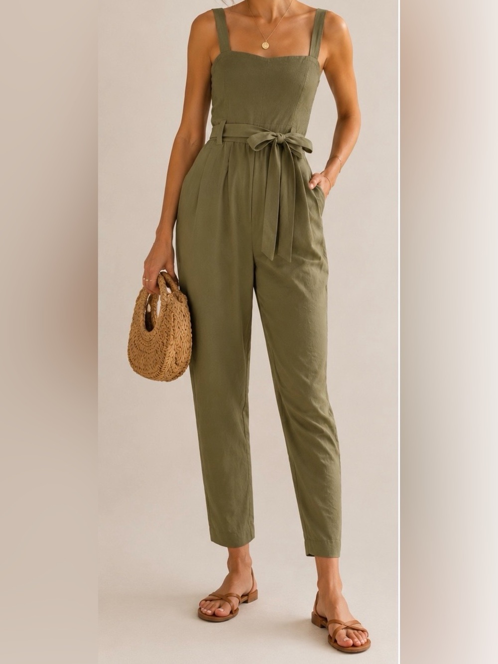 Nine West Sergio Sweetheart Jumpsuit Belted Olive Green Size Medium
